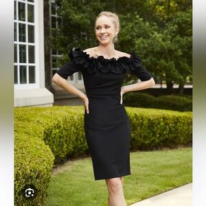 Xscape Black Off-the-Shoulder Ruffle Neck Short Sleeve Stretch Scuba Crepe Dress